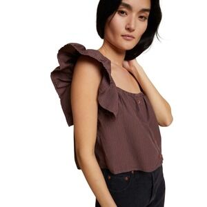 Nation LTD Brown Stripe Ada A line Ruffle Sleeve Chemise Crop Top Size Medium